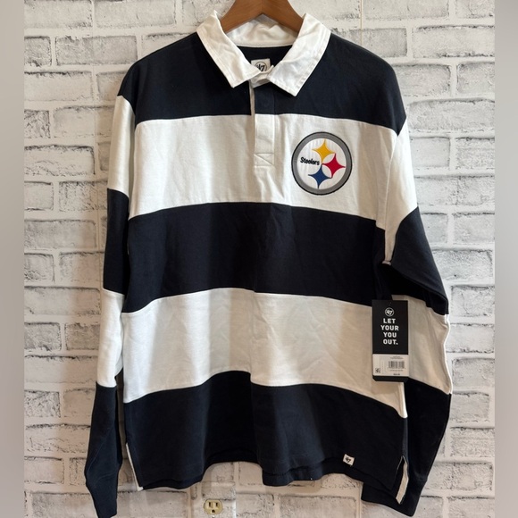NWT! Adult 47’ Pittsburg Steelers black and white stripe rugby LS collar shirt L - Picture 1 of 5